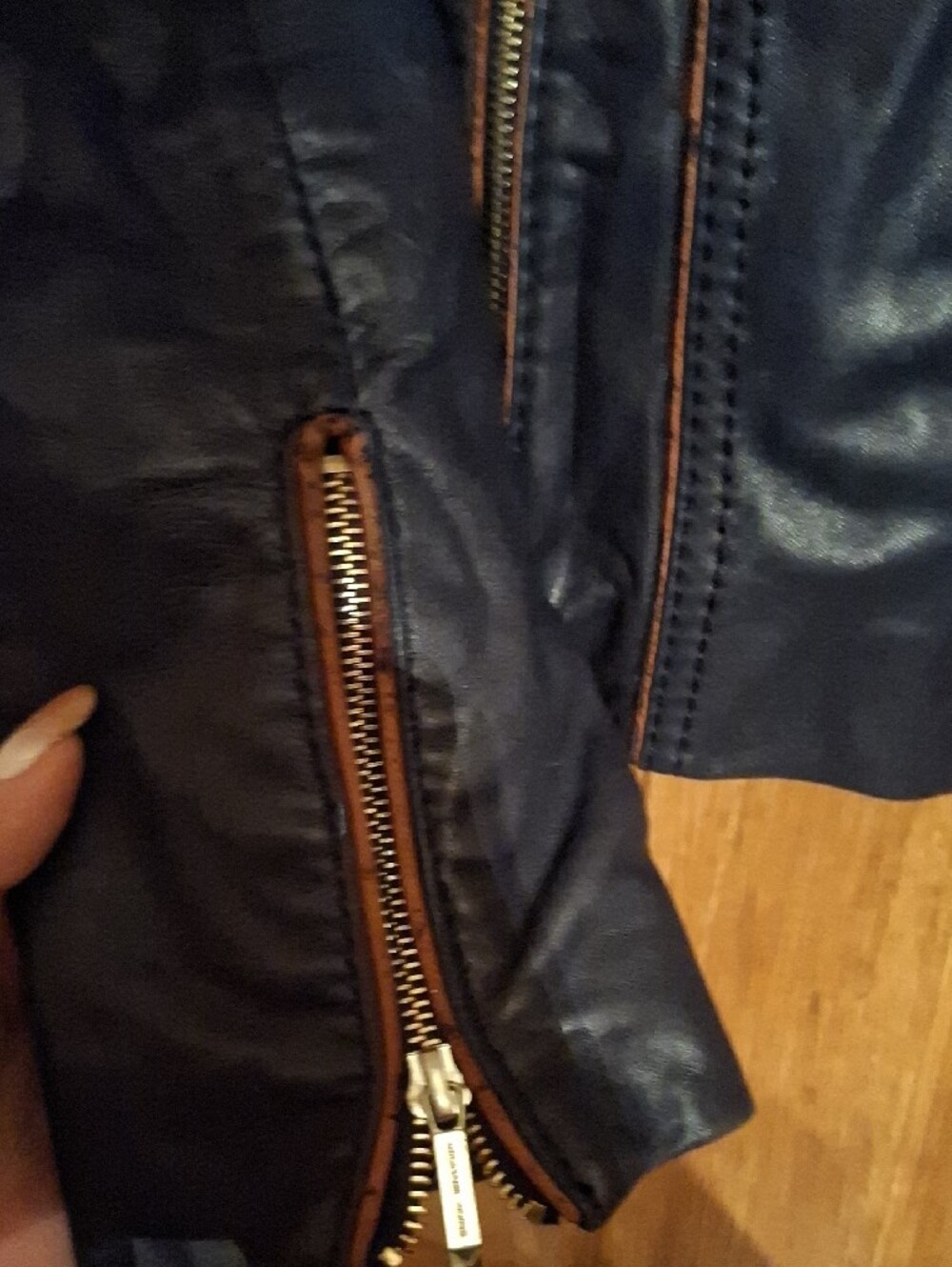Michael Kors Navy Leather Moto Jacket with Tan Contrast Trim - Picture 6 of 15